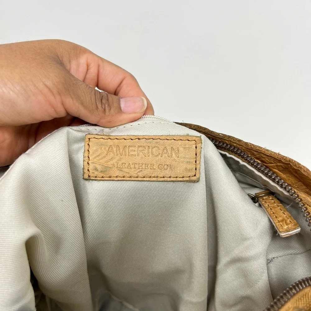 American Leather Co Embossed Leather Shoulder Bag Tan Brown Hobo Tote Purse